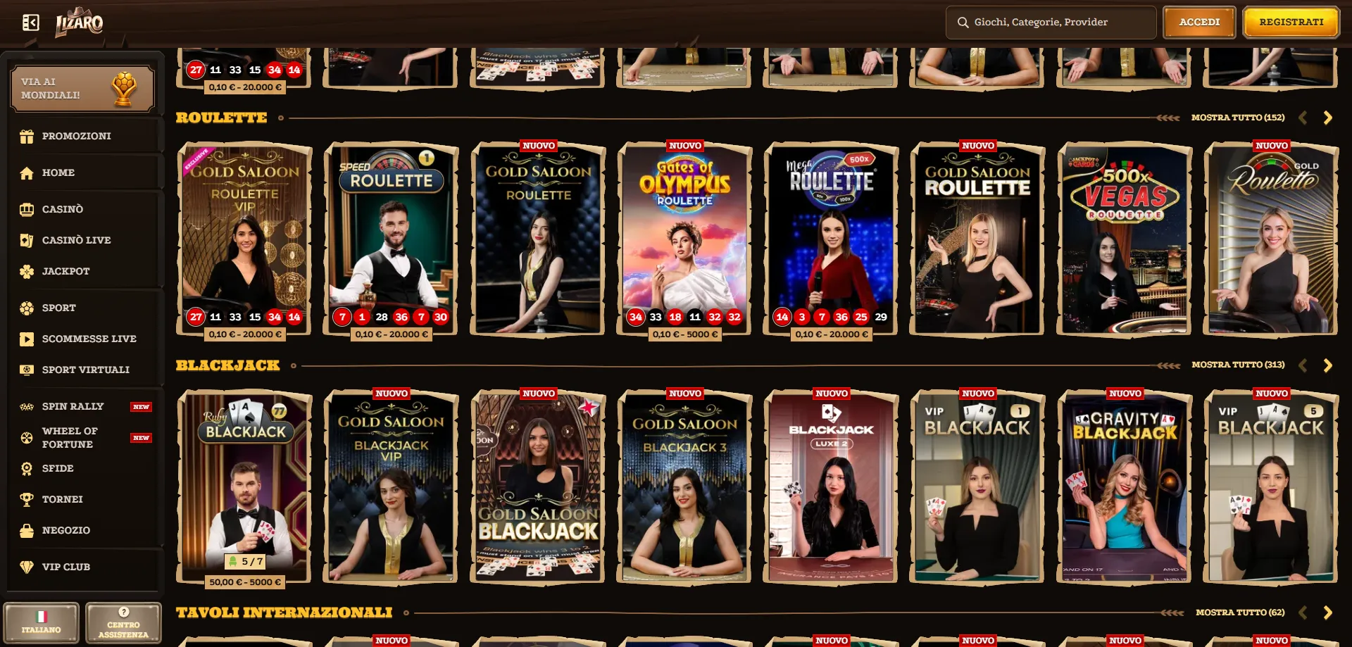 Lizaro live casino con croupier professionisti giochi in tempo reale